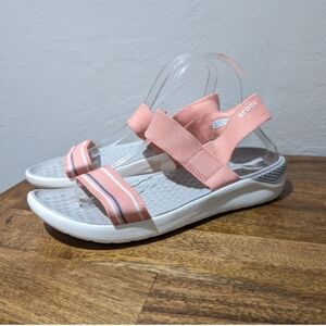 Crocs Women's LiteRide Stretch Fabric Sandal Soft Footbed Size 9 pink  and white